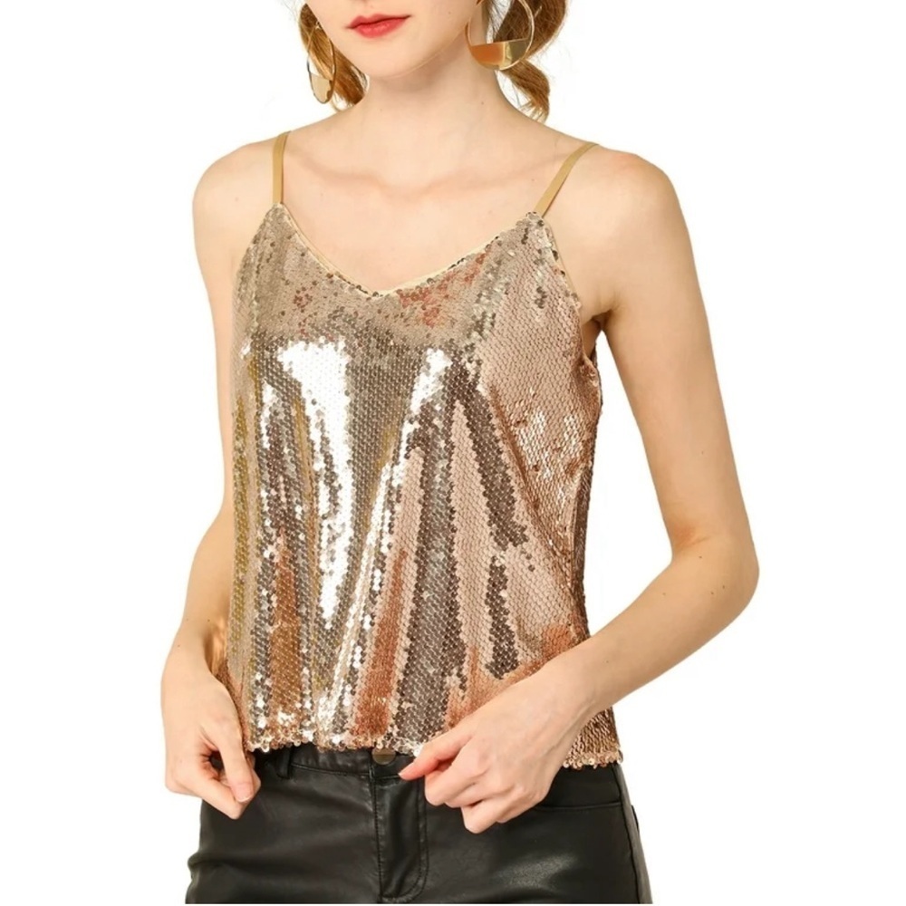 Allegra K Women's Sequined Shining Adjustable Straps Sparkle Cami Top Rose Gold